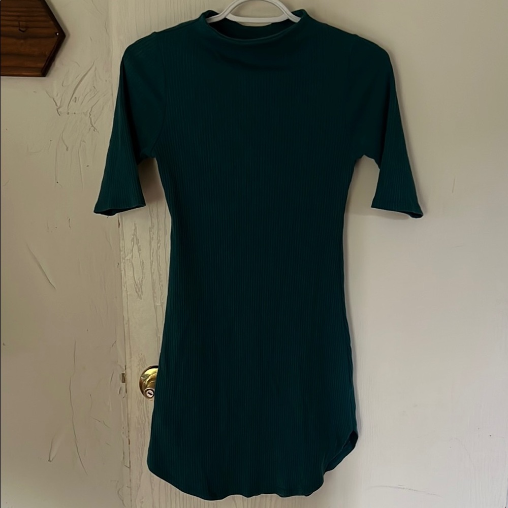 Blue Ribbed Short Sleeve Dress